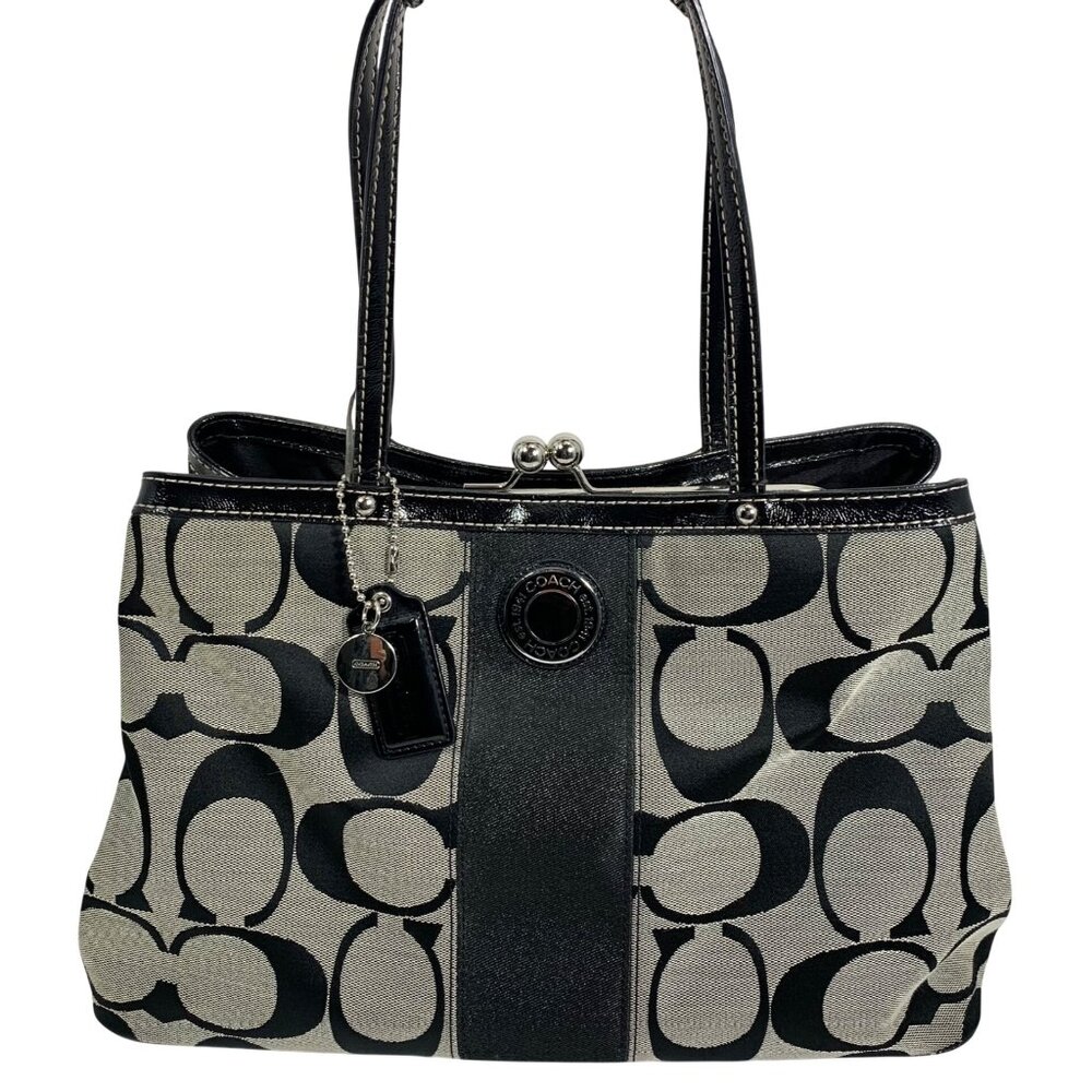 COACH Signature Stripe Carryall Satchel Handbag F19190 Kisslock Trio Pouch Bag
